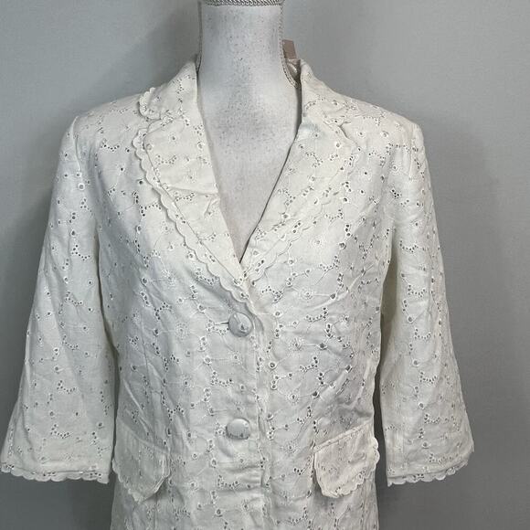 Dressbarn Blazer Jacket size Medium White Linen Eyelet Wedding Summer Church - Picture 2 of 9